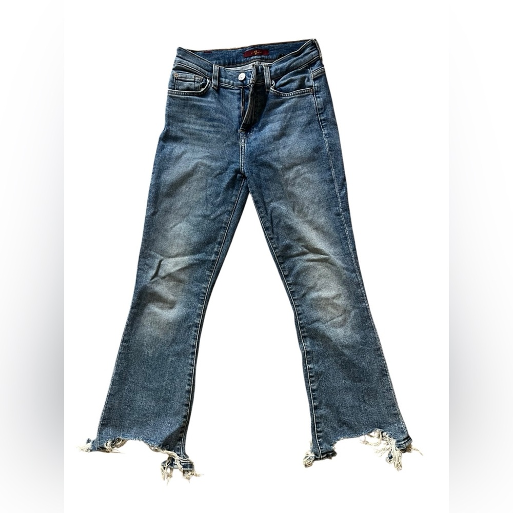 7 For All Mankind Distressed Flare Jeans Women's 25 Stretchy Bottom Medium Wash✅